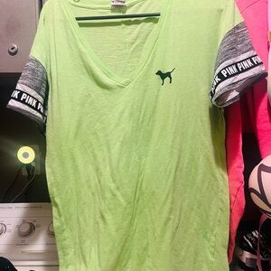 PINK Victoria's Secret Lime Green Tee with Gray Accents